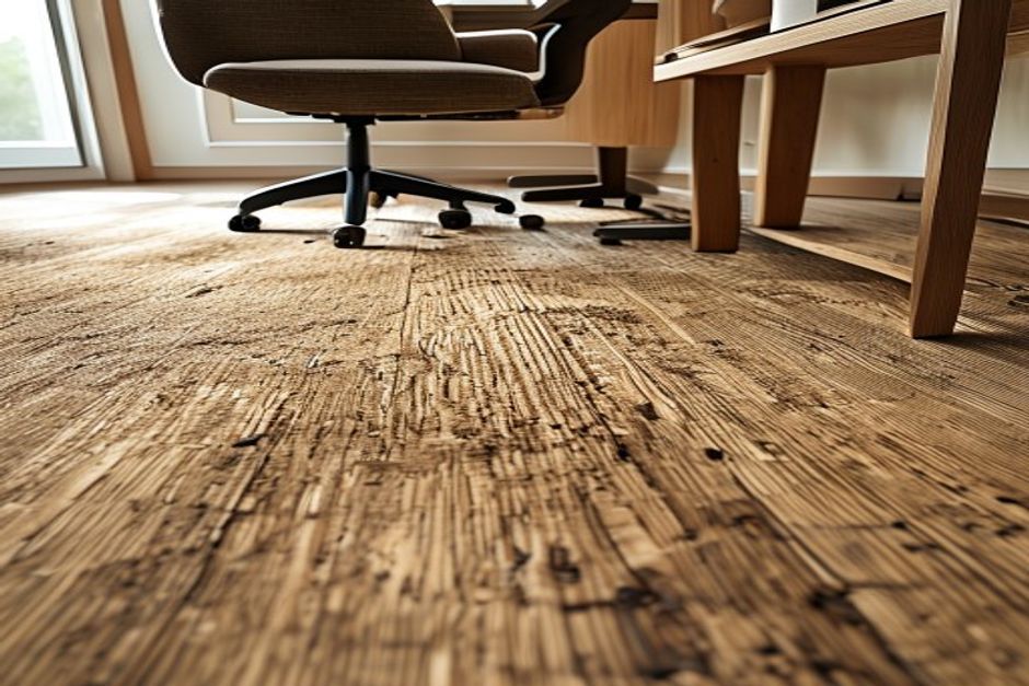 A detailed close-up of a high-quality cork flooring installation in a serene home office. The texture shows the natural, speckled patterns of the cork bark, with a soft matte finish. A designer desk chair with rubber casters sits partially on the frame, emphasizing the material's resilience and acoustic properties. The lighting is warm and indirect, highlighting the organic, earthy tones of the floor. Sharp focus on the texture, professional staging.