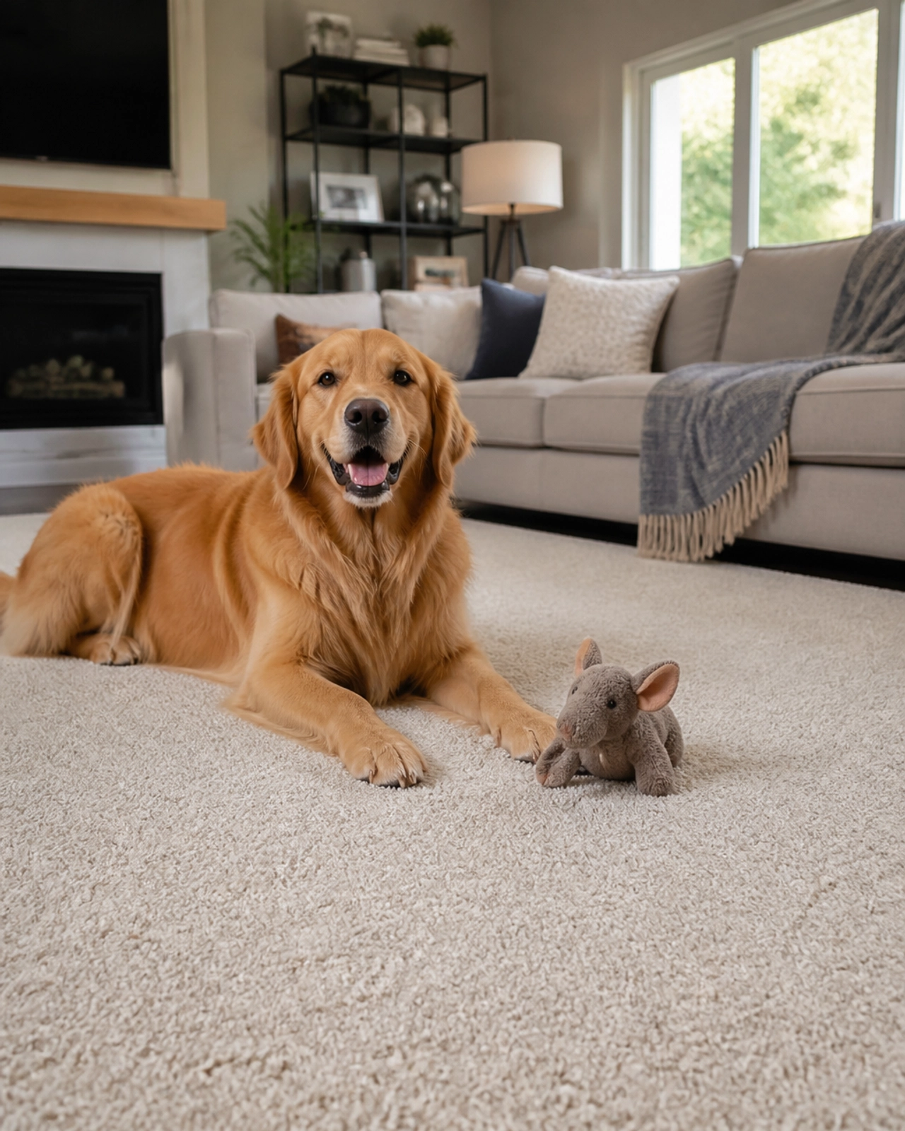 A golden retriever dog resting on a clean, light-colored stain-resistant carpet in a modern home