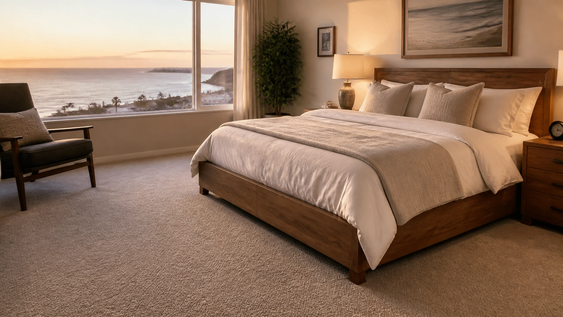 Professional carpet installation in a luxury bedroom overlooking the Solana Beach coastline